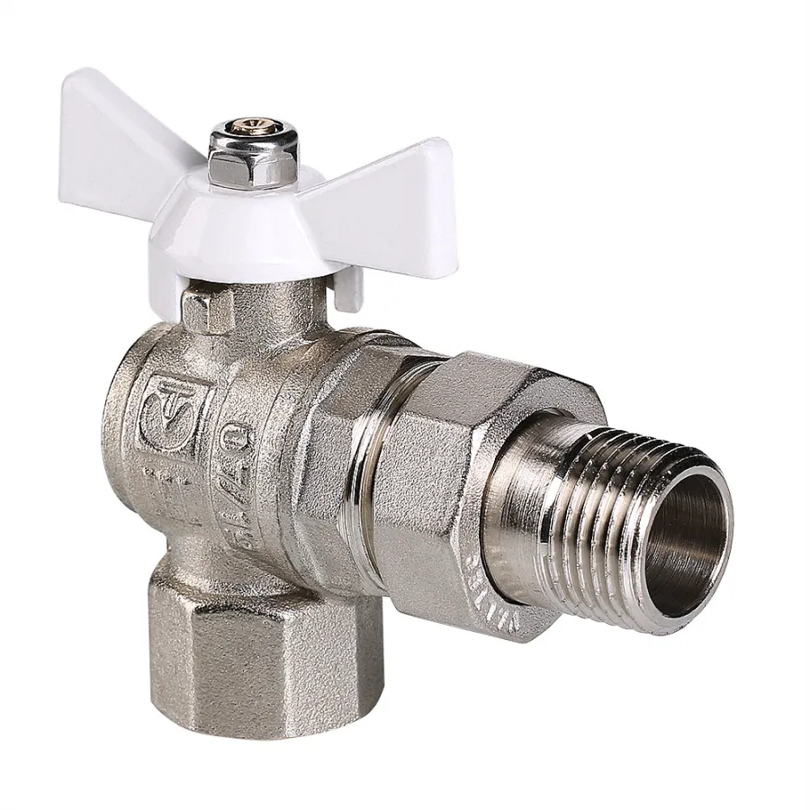 Кран шаровой Valtec BASE угловой с полусгоном 1/2" вн.-нар. белая рукоятка (VT.228.NW.04)