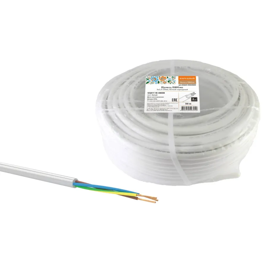 Провод TDM ELECTRIC ПВСмб 3х2,5 (50) белый