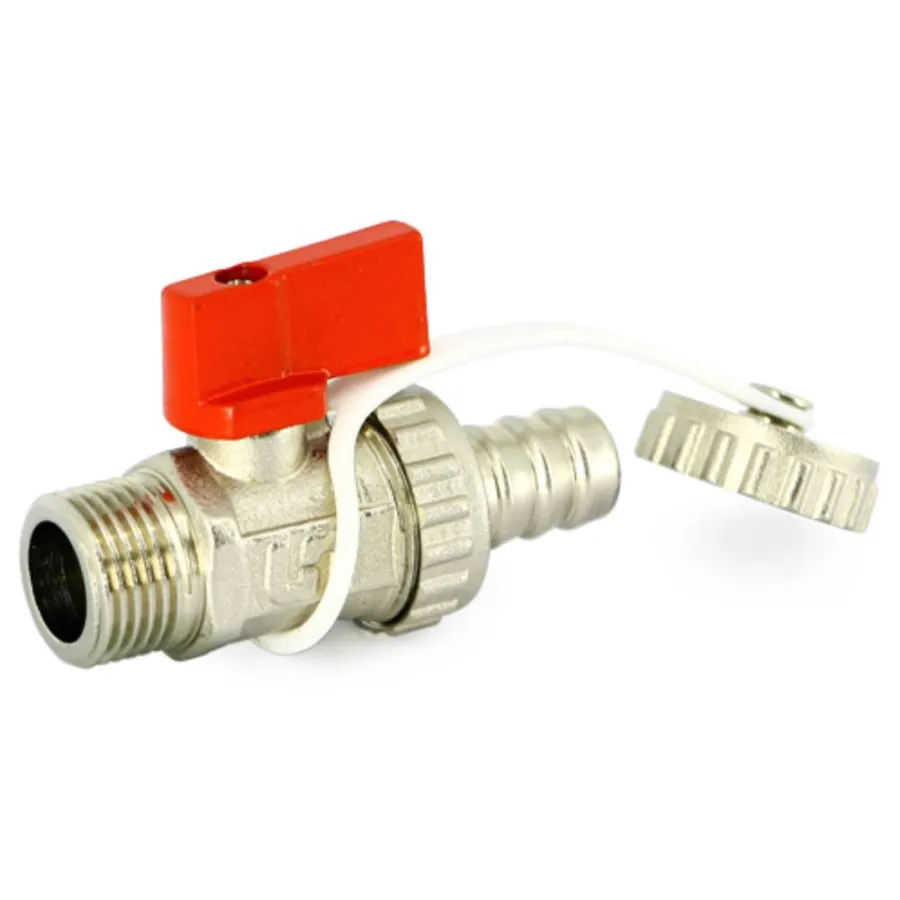 Кран Uni-Fitt шаровой НН 3/8"x3/4" сливной со штуцером, заглушка, флажок красный металл, никель