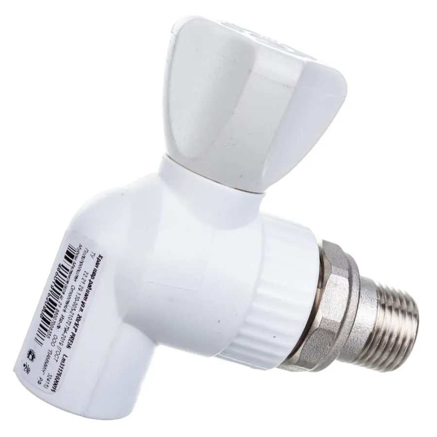 Кран Lammin шаровый PPR радиат. угл. 20 х 1/2" PREMIUM 50/10, белый