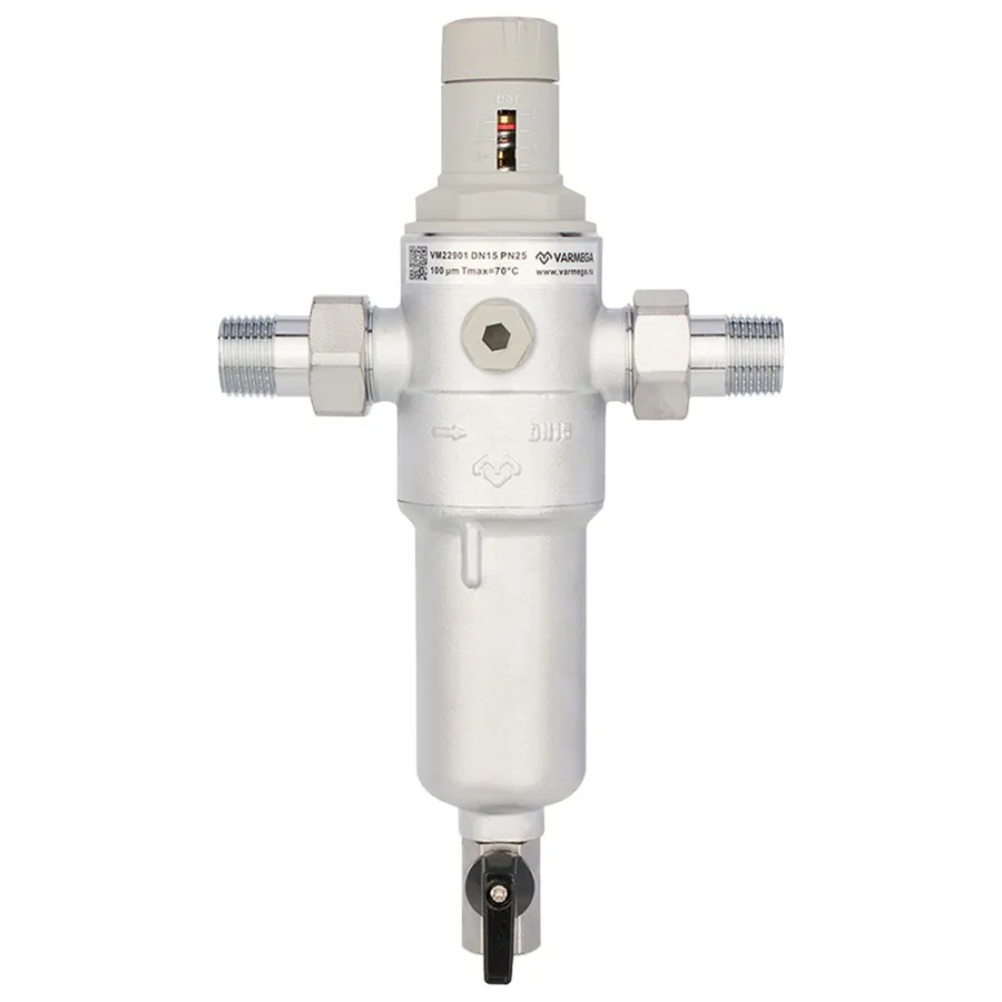 Фильтр сетчатый VARMEGA промывной, комбинированный 1/2", PN25, для ГВС и ХВС, VM22901