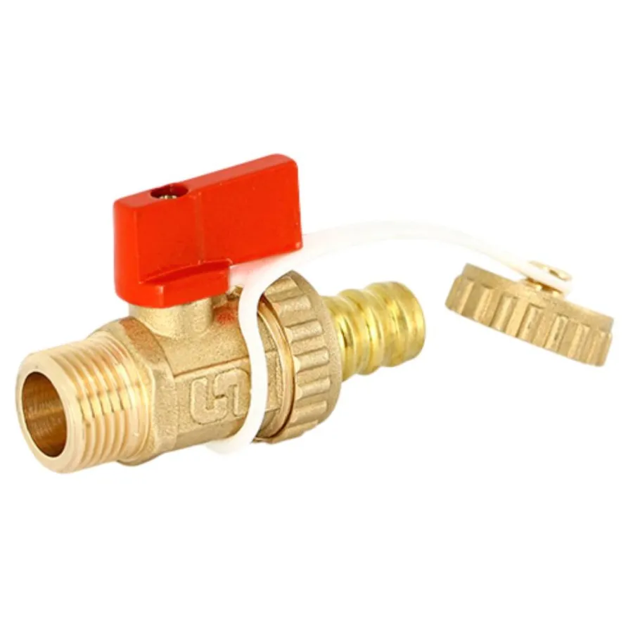 Кран Uni-Fitt шаровой НН 3/8"x3/4" сливной со штуцером и заглушкой, флажок красный металл