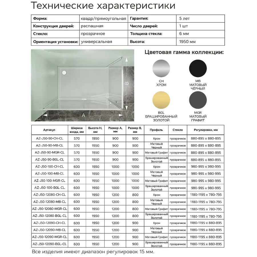 Душевое ограждение Azario Мале 900х900х1950 прозрачное стекло 6 мм, профиль черный матовый (AZ-J50-90-MB-CL)