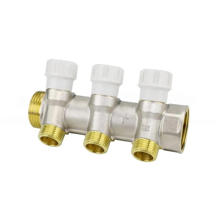 Коллектор с запорным краном латунный VARMEGA VMMM02, 1", на 3 выхода 3/4"ЕК, никелированный