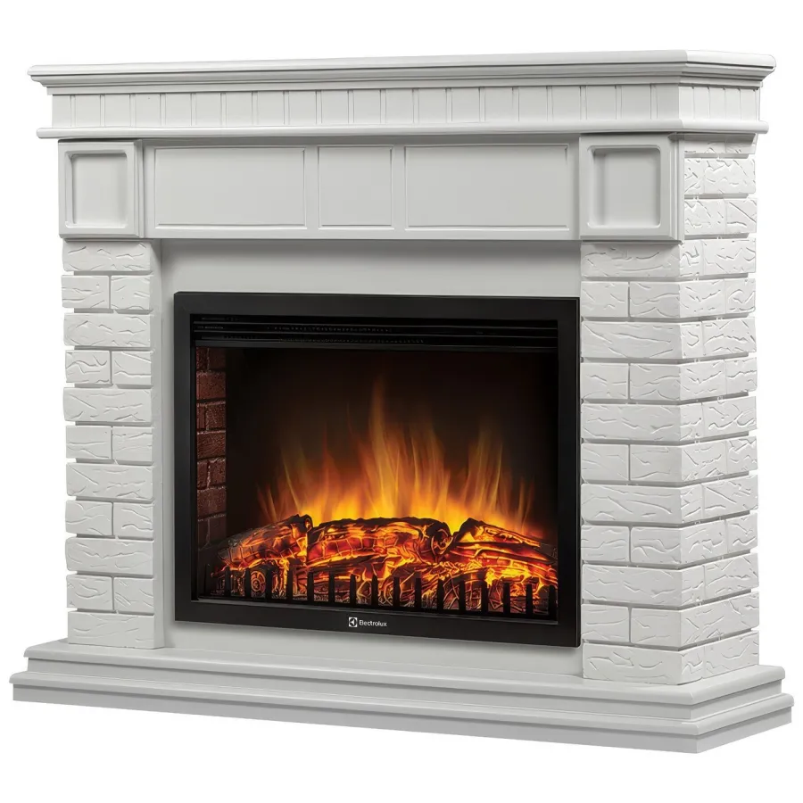 Каминокомплект: Очаг Electrolux EFP/P-2520LS N, портал Bricks 25 камень белый, белая эмаль