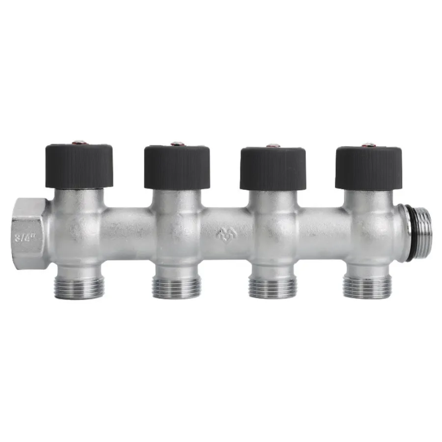 Коллектор с регулировочным клапаном латунный VARMEGA VMMM03, 3/4", на 4 выхода 3/4"ЕК, никель