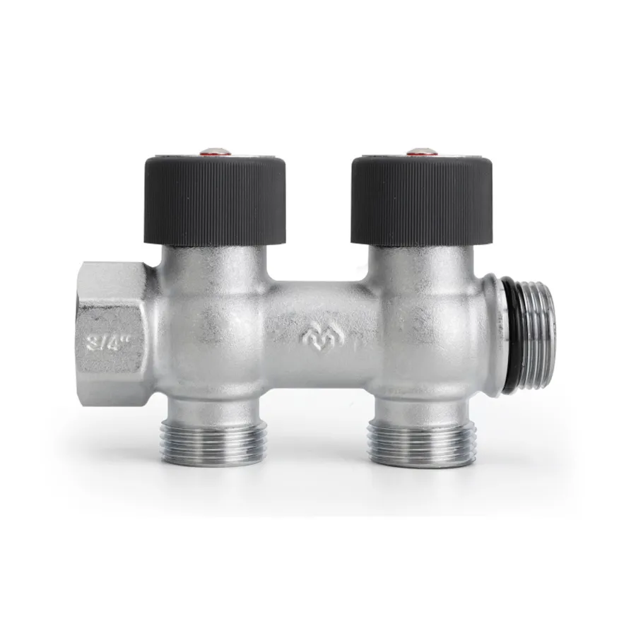 Коллектор с регулировочным клапаном латунный VARMEGA VMMM03, 3/4", на 2 выхода 3/4"ЕК, никель