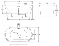 BELBAGNO Ванна акриловая BB71-1500, 1500x750x600, отдельностоящая, размер 150х75 см, белая BB71-1500 - фото 218825